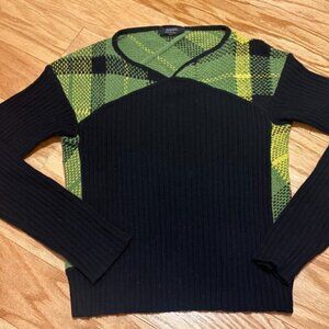 Max Mara WEEKEND Green Black Women's S V-Neck Sweater Wool/Cashmere/Nylon/Rabbit